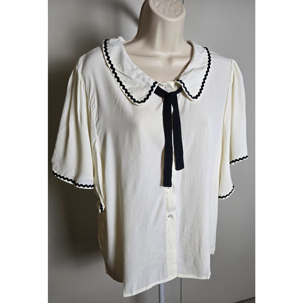 Tulip B Ivory Black Peter Pan Collar Bow Blouse Size XL NWT Retro - Picture 2 of 6